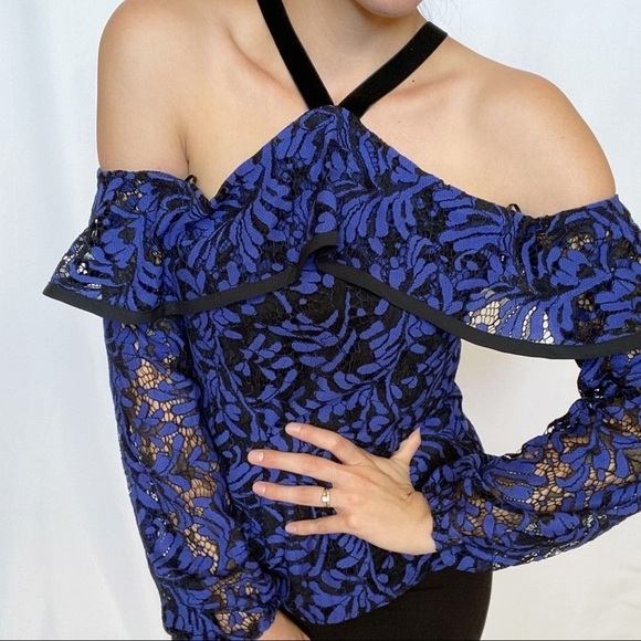 WAYF Cobalt Blue & Black Halter Cold Shoulder Top - Picture 1 of 8